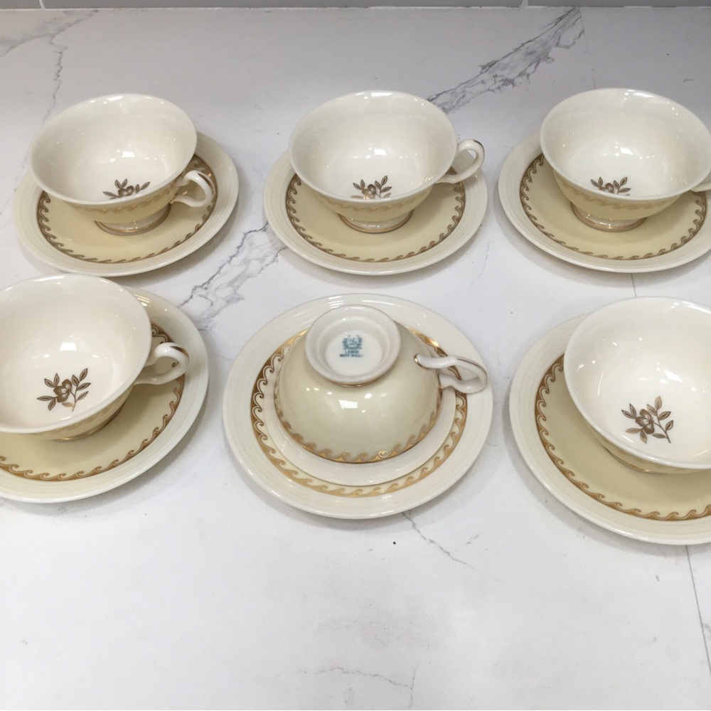 6 LENOX Windsor Footed Cup & Saucers Green Backstamp Gold Floral Cream EUC